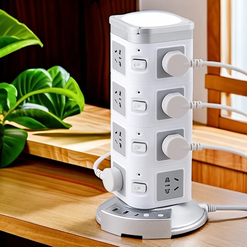 立式塔型插座多功能排插多插位办公插排智能遥控带灯带USB接线板