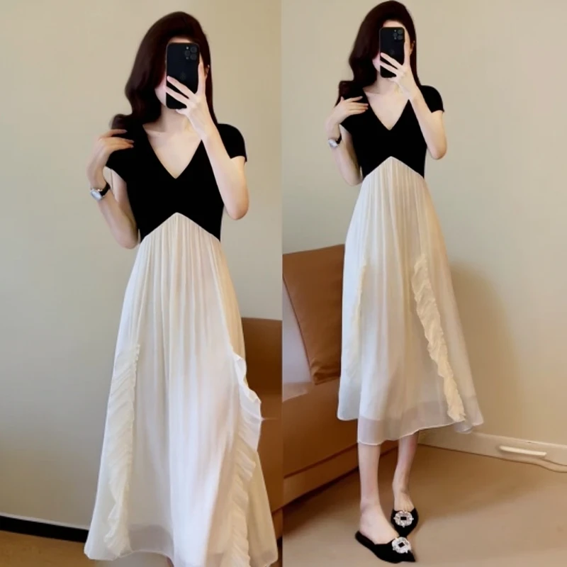 榆梦法式拼接连衣裙女士夏季新款气质荷叶长裙子设计感小众假两件