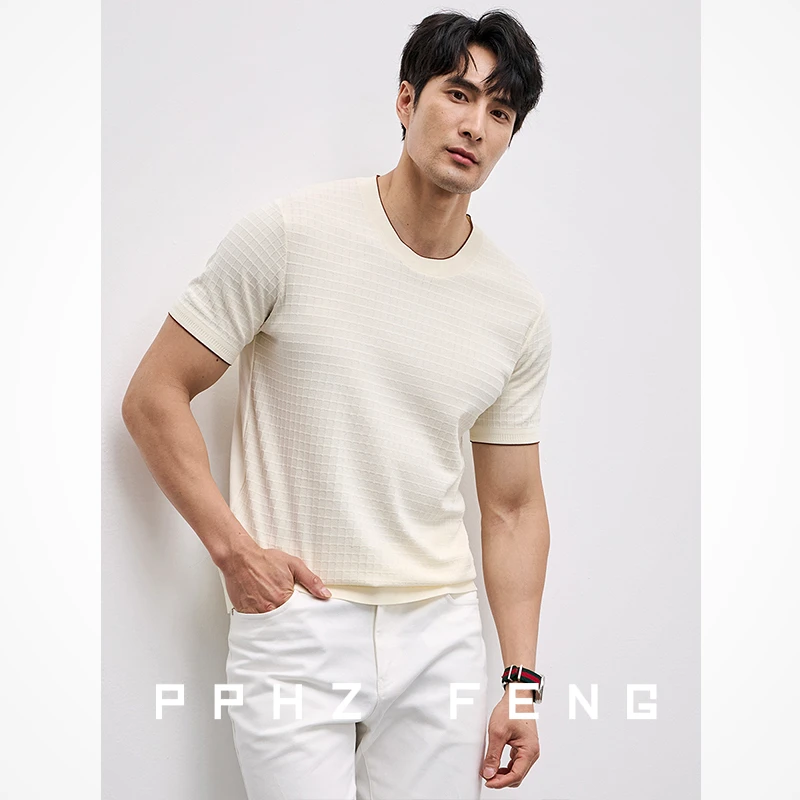 帅气格子肌理提花 机洗抗起球粘纤罗纹弹力透气套头圆领短袖T恤男