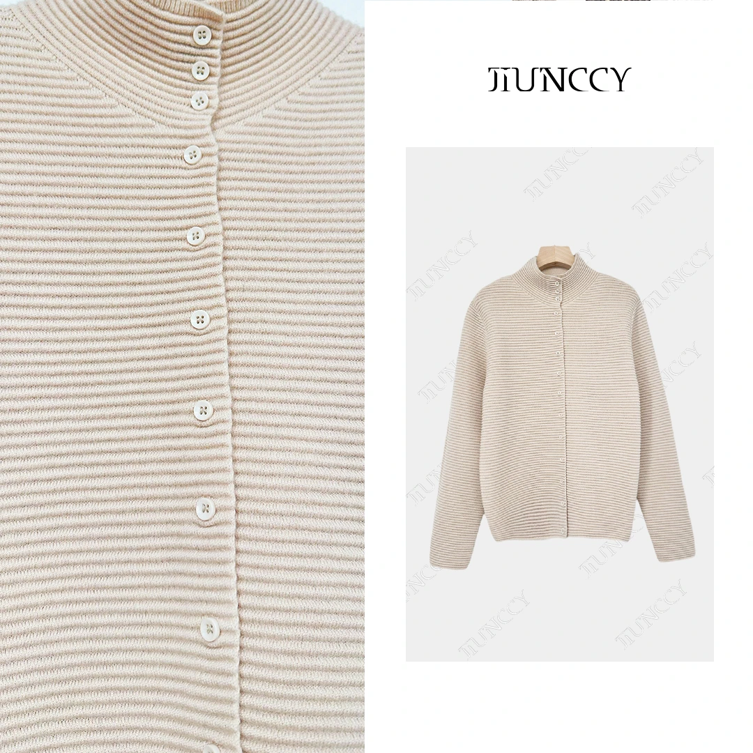 JIUNCCY【定律】100绵羊毛谷波立体横坑条高密质感针织开衫42ZZ188C