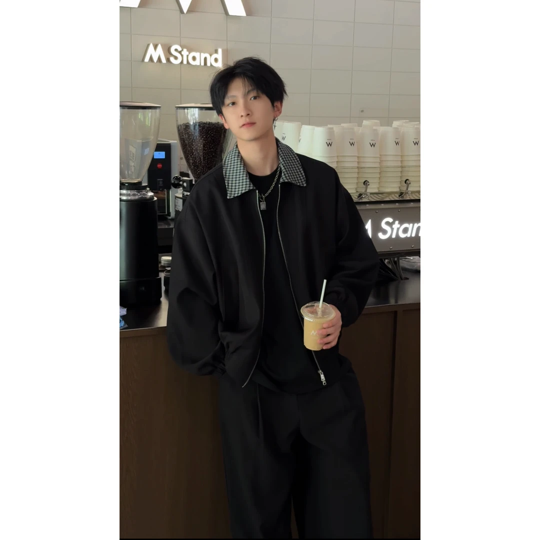 秋冬新款休闲夹克男生格子翻领韩版宽松外套百搭复古时尚潮流ins