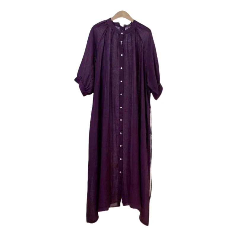 夏季新款小众女装轻奢风苎麻混纺短袖连衣裙简约立领宽松腰带长裙