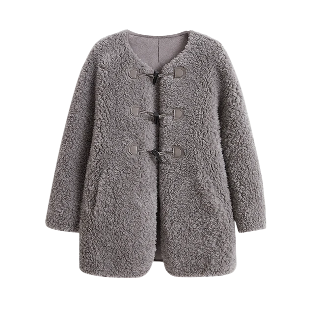 牛角扣时尚毛呢复古短外套秋冬季中款羊羔毛外套休闲