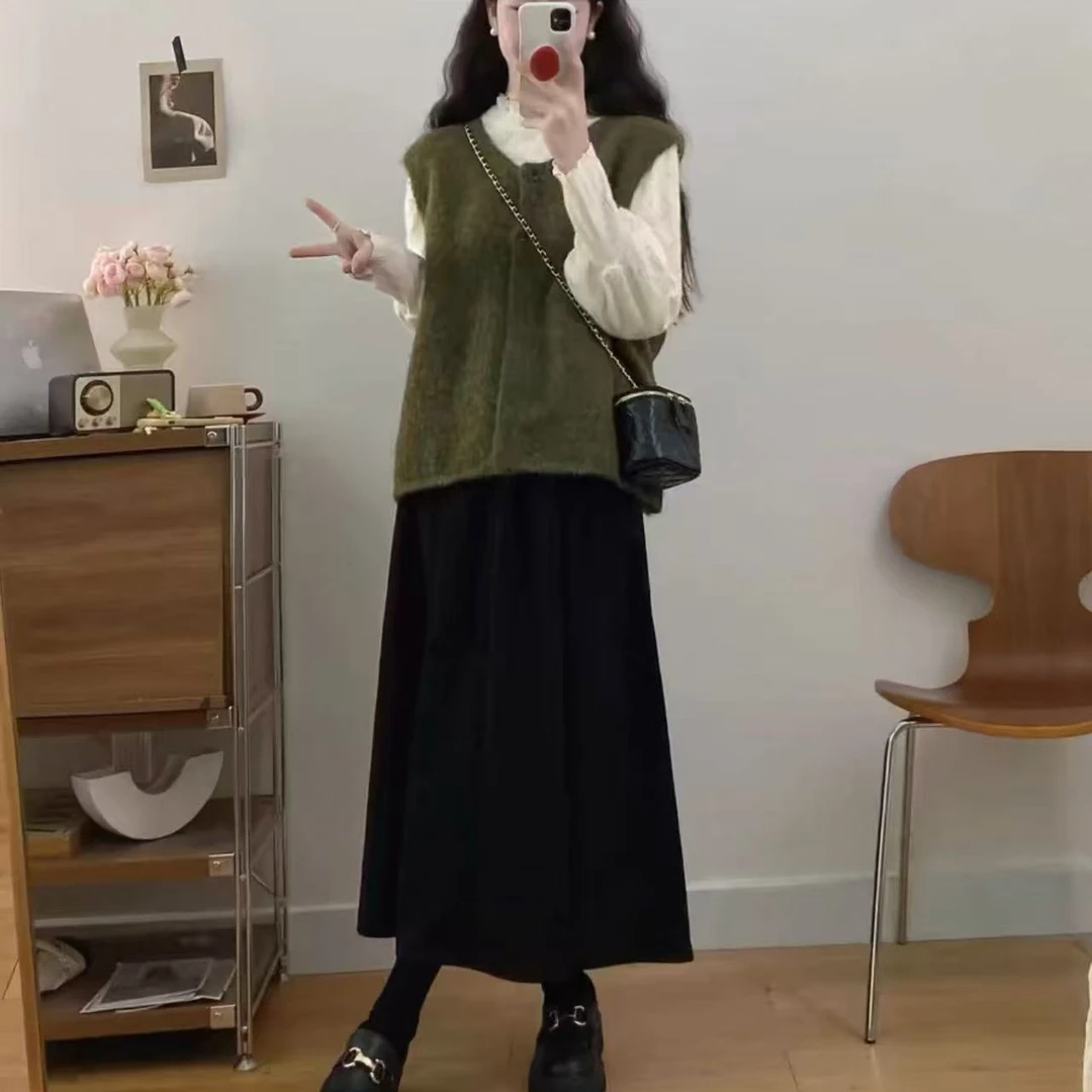 婷婷家春季穿搭一整套高级感显瘦毛衣马甲半身裙子三件套装