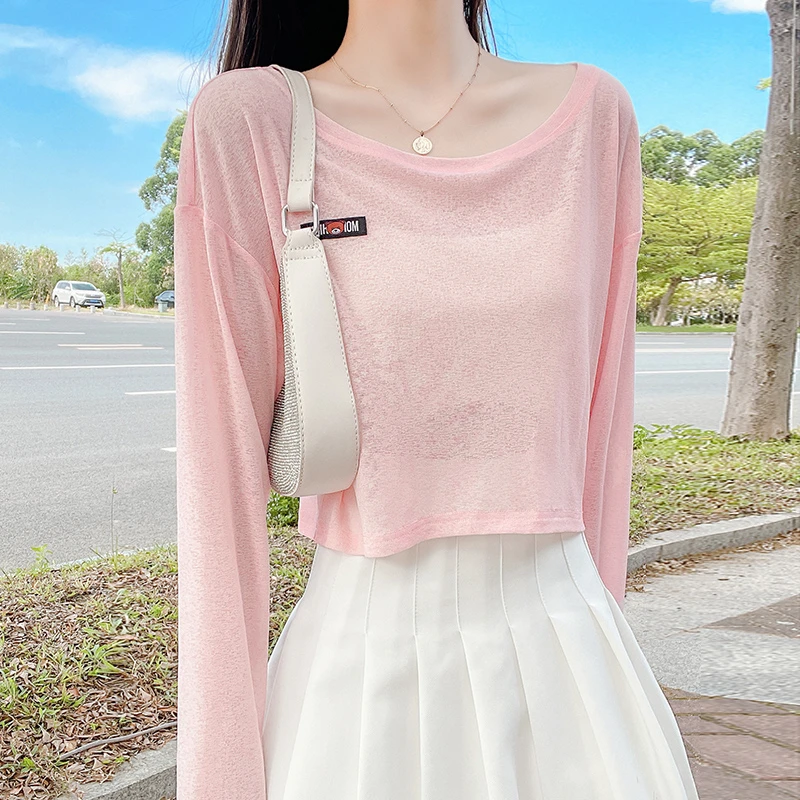 短款高腰显瘦长袖T恤女夏季薄款大领口粉色防晒罩衫冰丝针织上衣