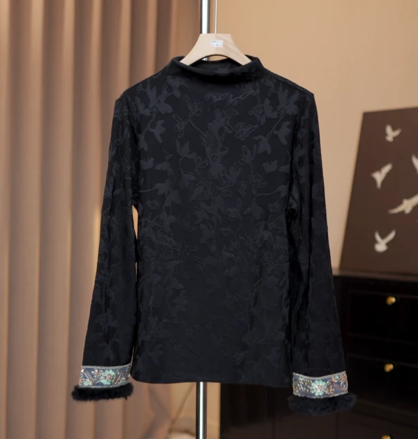 【禾曦】新中式加绒打底衫女秋冬新款国风袖口刺绣半高领内搭上衣