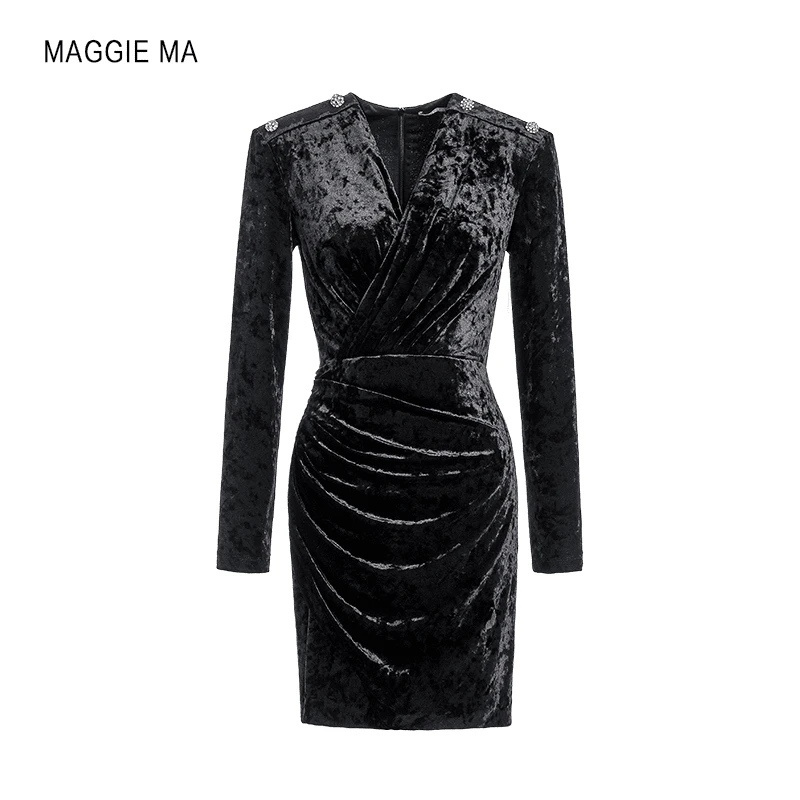 MAGGIEMA设计师款赫本风钻扣丝绒压褶法式连衣裙秋冬款小个子116D