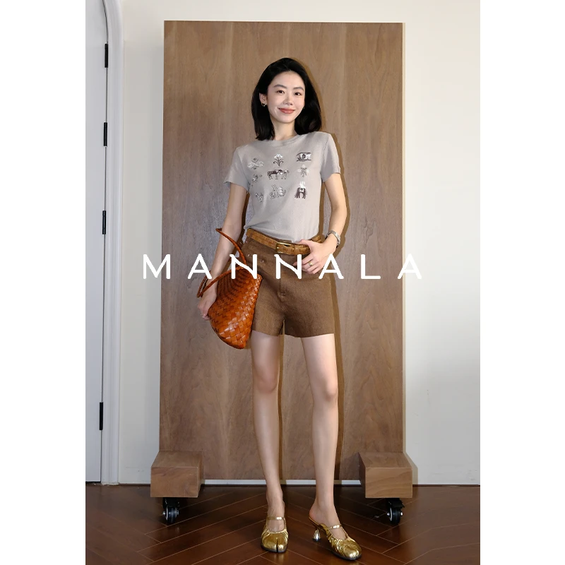 MANNALA丨“可可裤”老钱风经典天然亚麻宽松高腰手缝线短裤Q9239