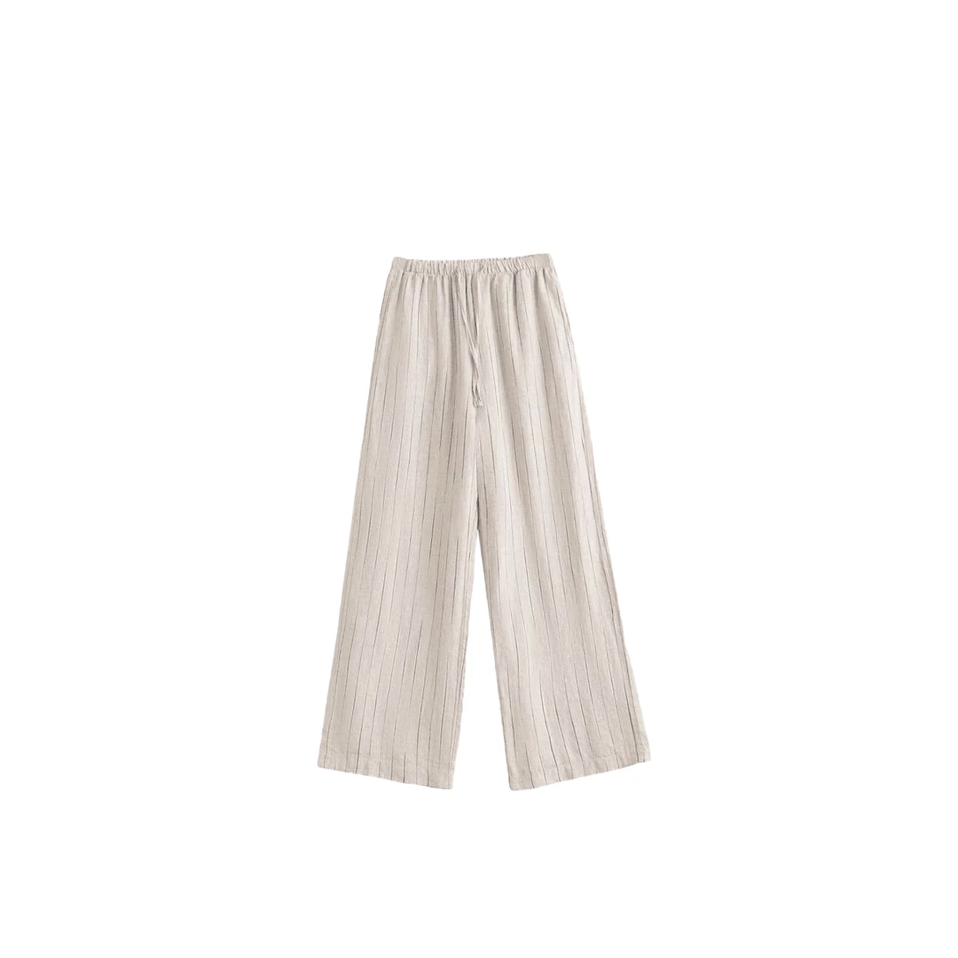 【老钱裤】100%亚麻条纹直筒阔腿裤抽绳松紧腰 YM24005