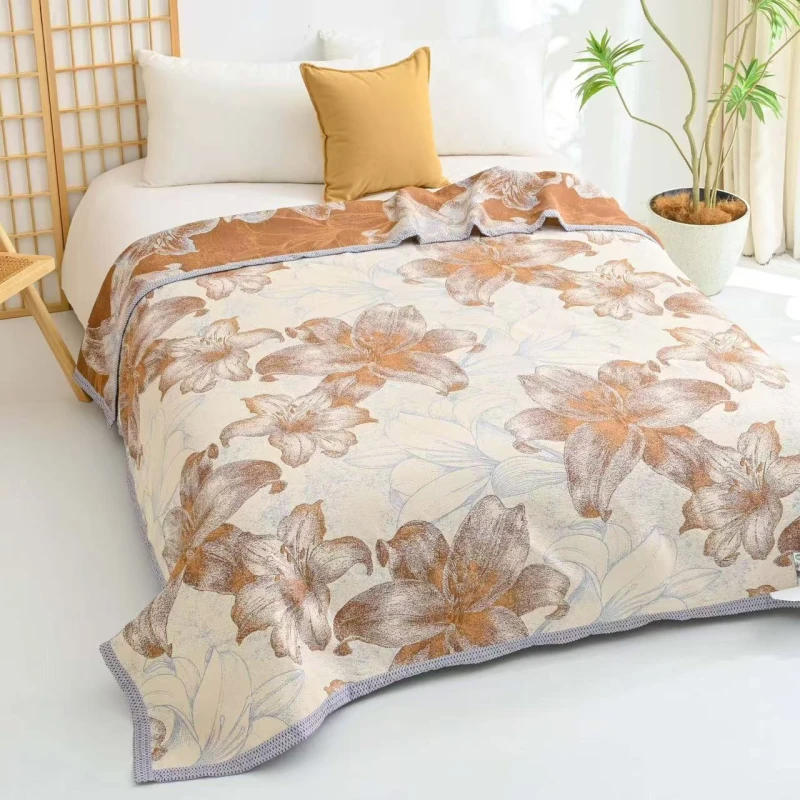 亲肤成人加厚印花单人长绒棉亚麻纱布盖毯--墨香百合200*230