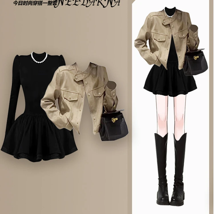 韩系美拉德蓬蓬裙套装2025超火秋装一整套ootd穿搭高级感连衣裙