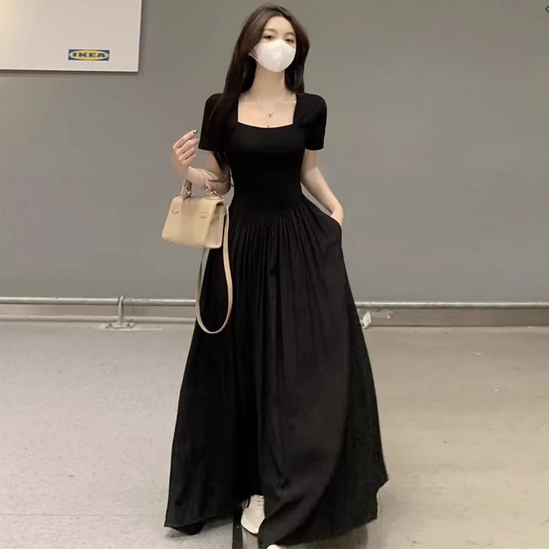 高个子女生垂坠感方领连衣裙女装夏季黑色针织赫本风法式黑裙超长