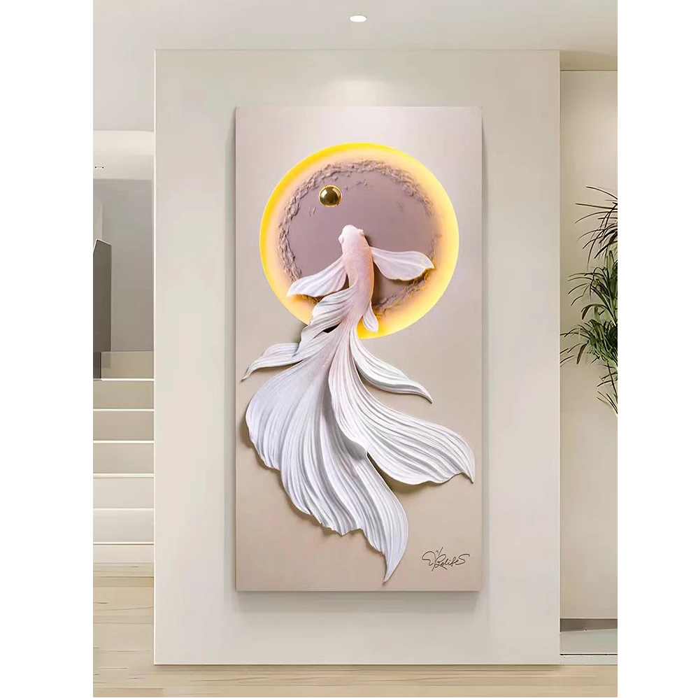 立体砂岩玄关装饰画锦鲤寓意好氛围灯画奶油风高级感走廊过道挂画