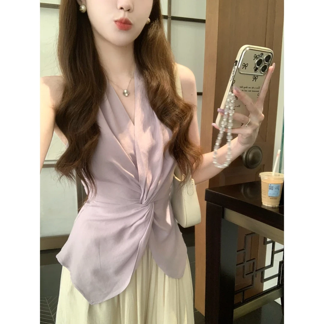 气质简约扭结设计个性小众百搭无袖上衣女装小衫衬衣夏季新款1382