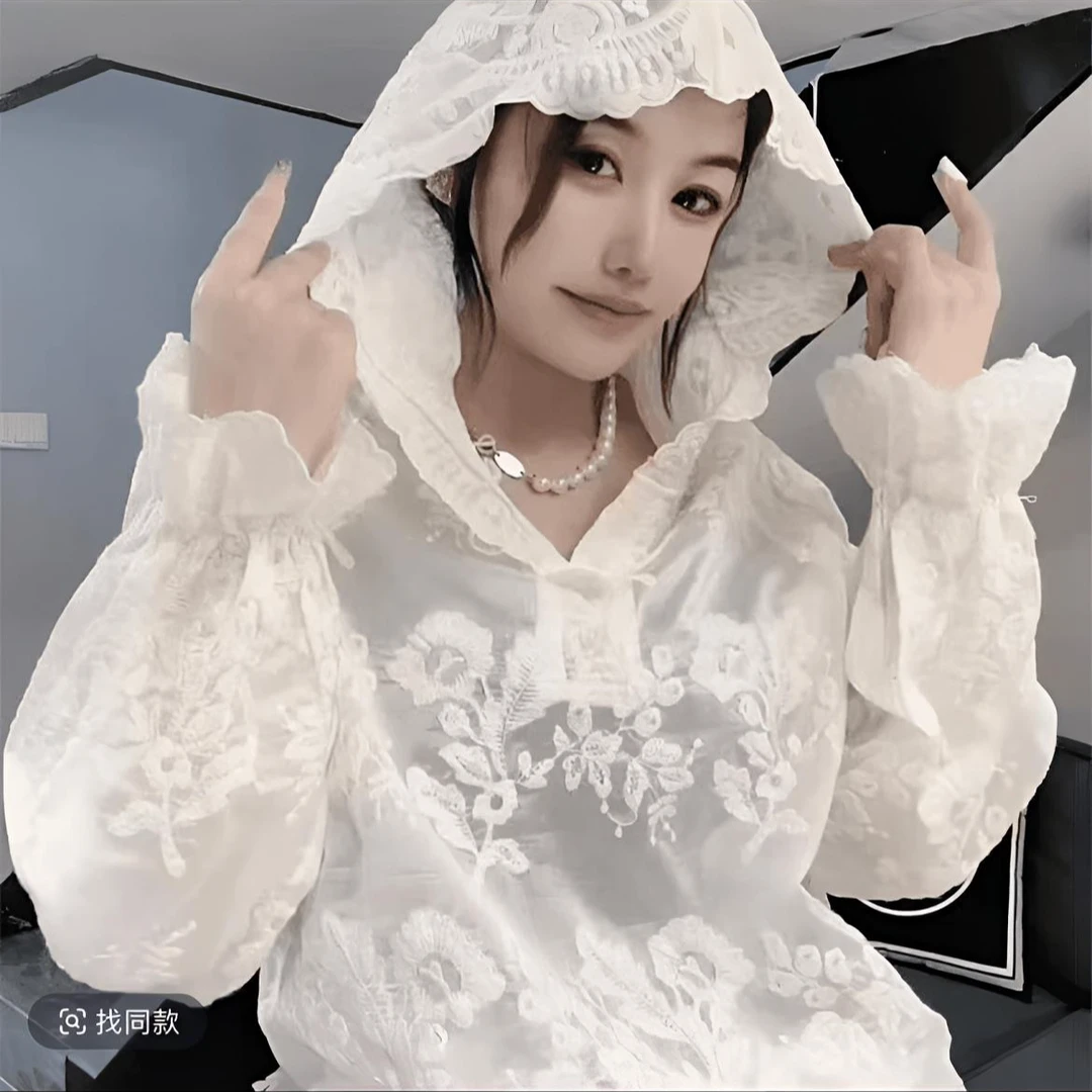 蕾丝衬衣长袖时尚休闲镂空连帽女装新中式国风蕾丝衫洋气