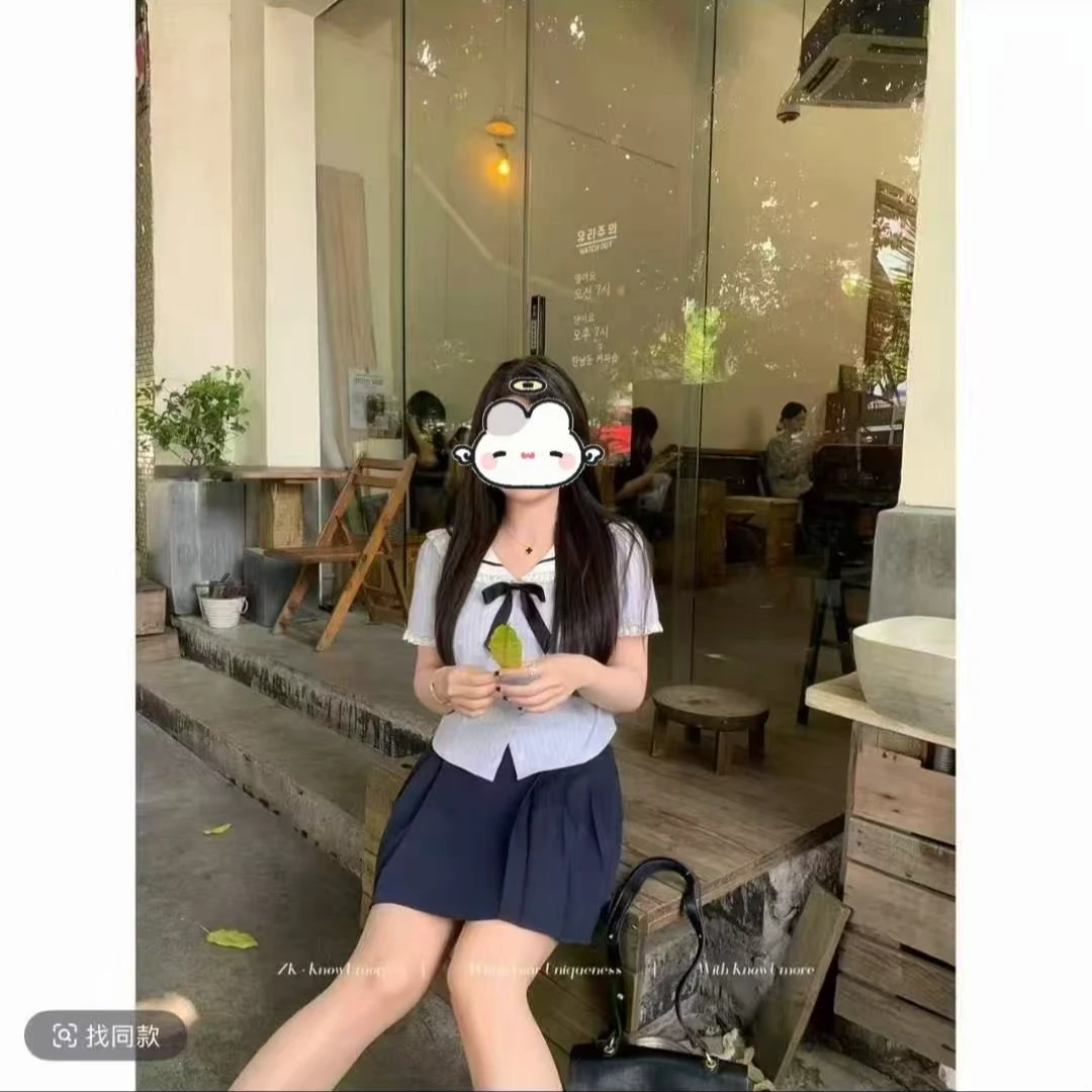 2025微胖mm学院风海军领短袖+半身裙新款减龄穿搭时尚气质两件套