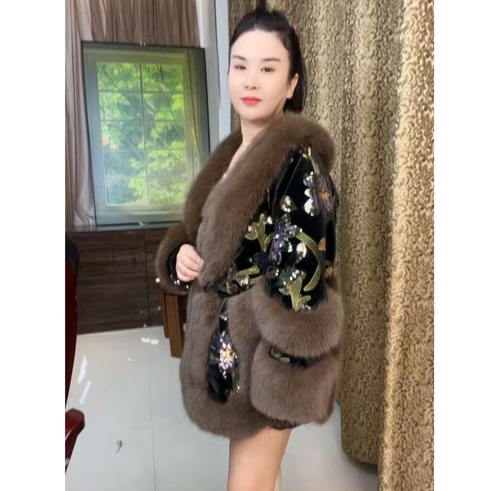 2406冬季加棉设计师百搭款亮片女款保暖外套咖色