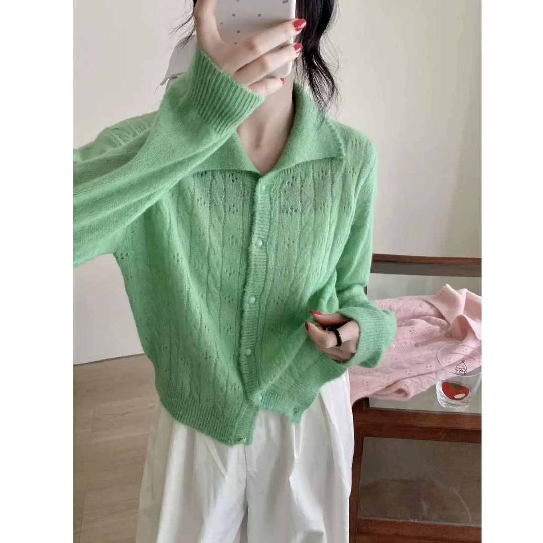 【运费补贴】果绿色~法式翻领花边镂空针织开衫女打底毛衣外套上衣
