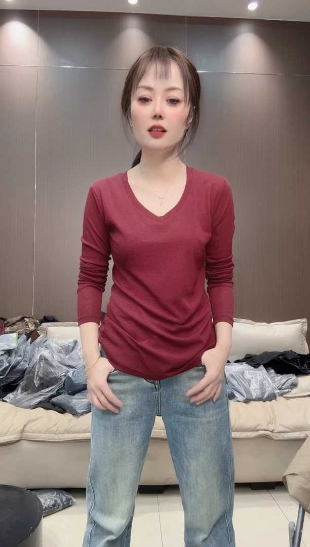 竹节麻V领红色3XL码