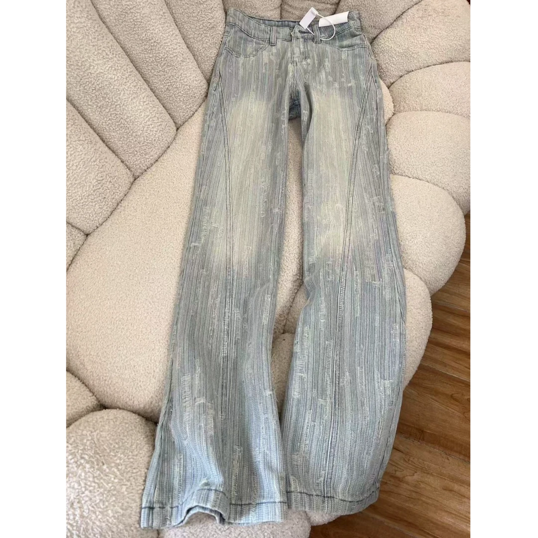 秋冬新款宽松显瘦不贴腿微喇裤子时尚百搭纹理提花直筒牛仔裤女