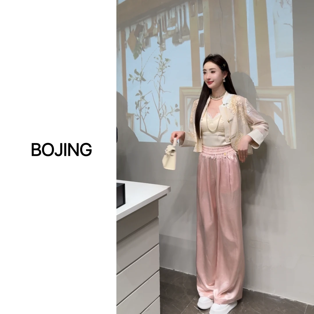 【千金一笑】新中式蕾丝包边全松紧腰休闲百搭夏季阔腿裤