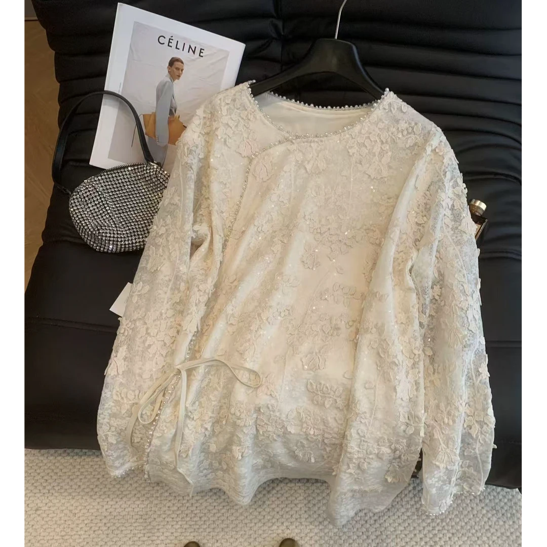 新中式衬衫女春秋季新款白衬衣内搭叠穿珍珠设计感蕾丝衫长袖上衣
