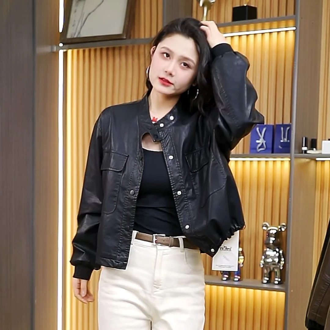 2025新款韩版宽松休闲立领皮衣外套女百搭机车服皮夹克上衣
