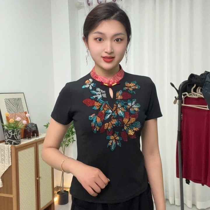 【开春新款】中国风刺绣半高领盘口爆闪洋气短袖打底衫女