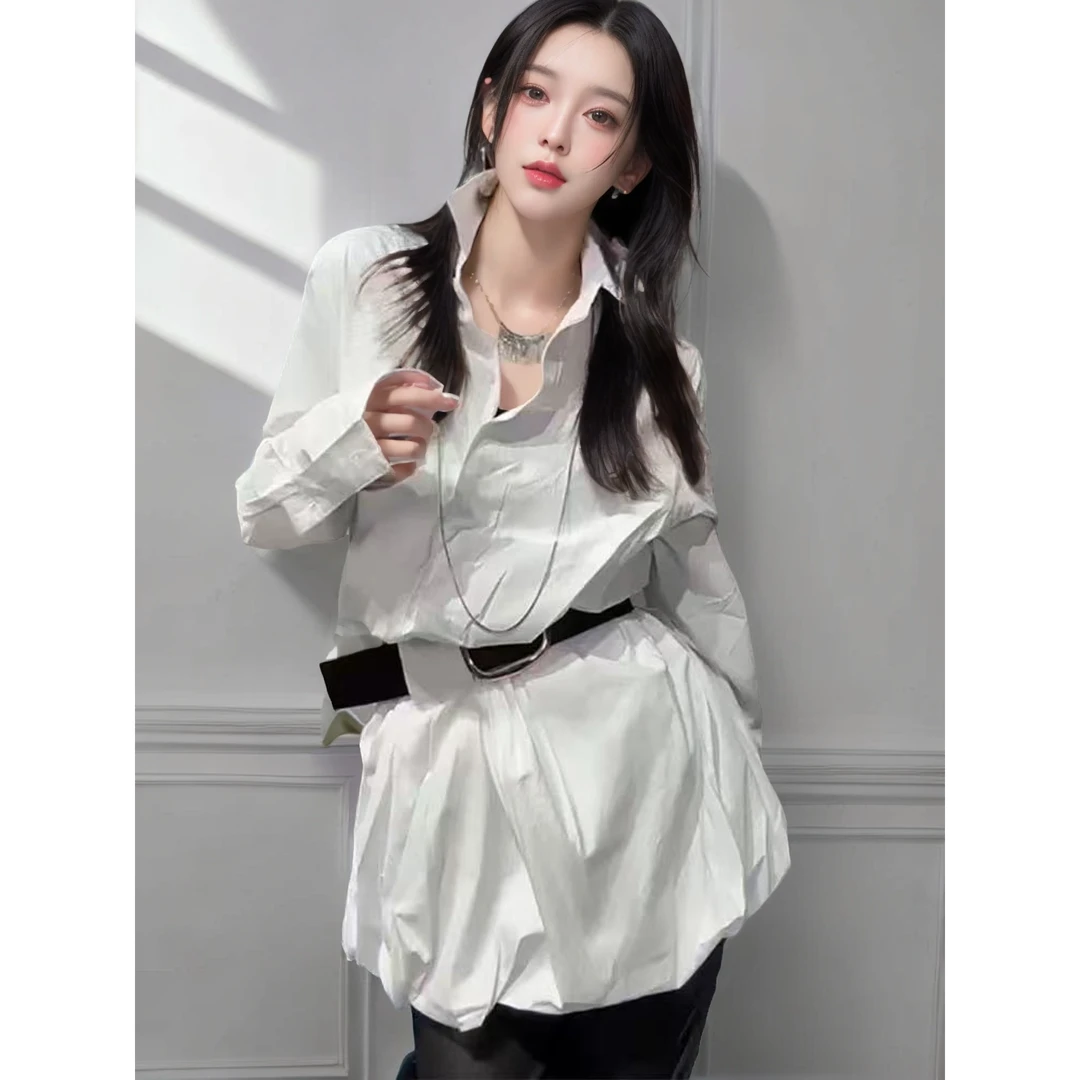 优选头家韩系Polo领长袖衬衫女收腰中长款衬衣休闲开衫上衣春1303