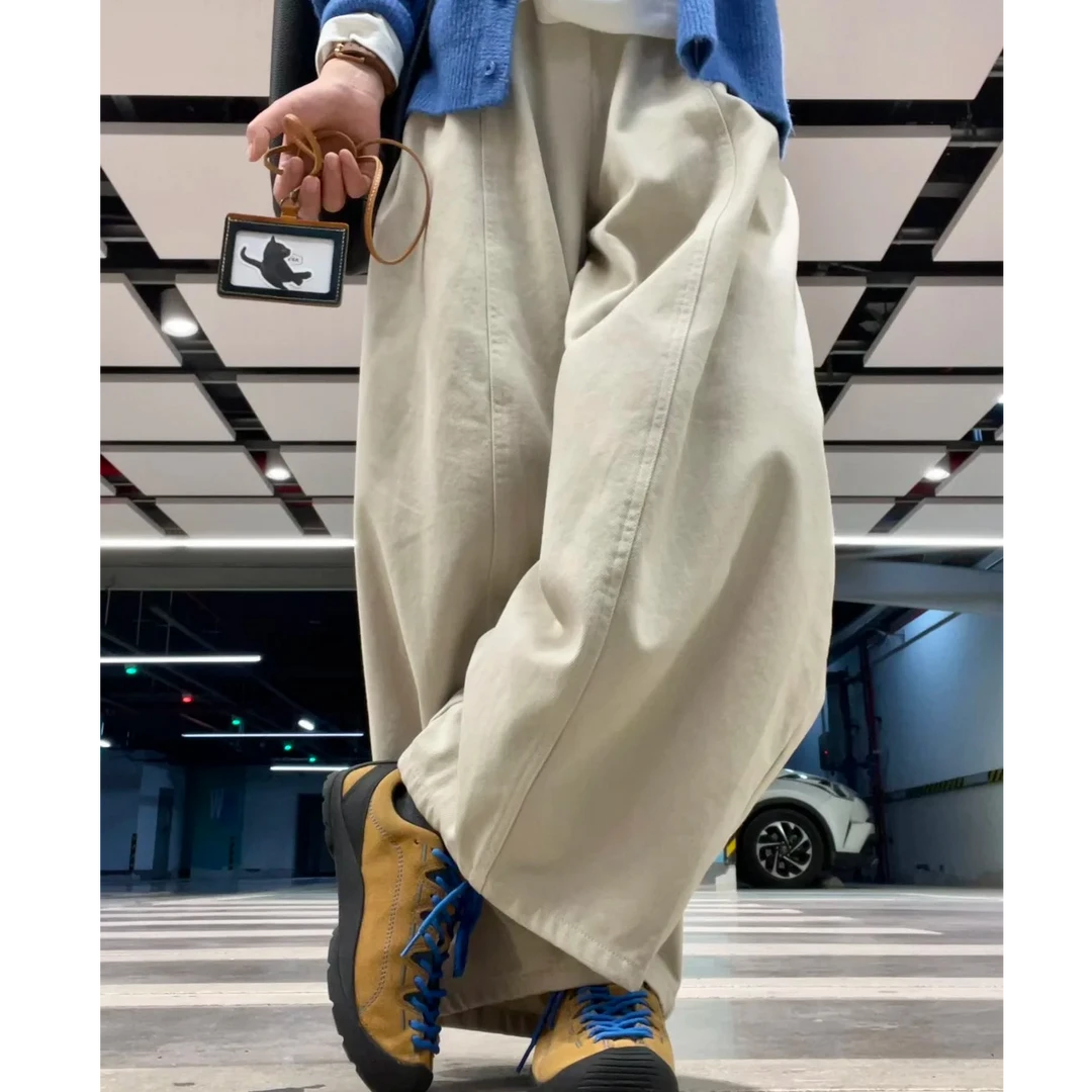韩系慵懒米白垂感休闲阔腿裤女秋冬加绒加厚宽松遮胯显瘦直筒长裤