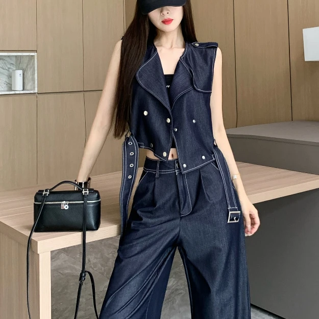 复古百搭牛仔套装女夏季时尚马甲上衣夏装搭配一整套阔腿裤两件套