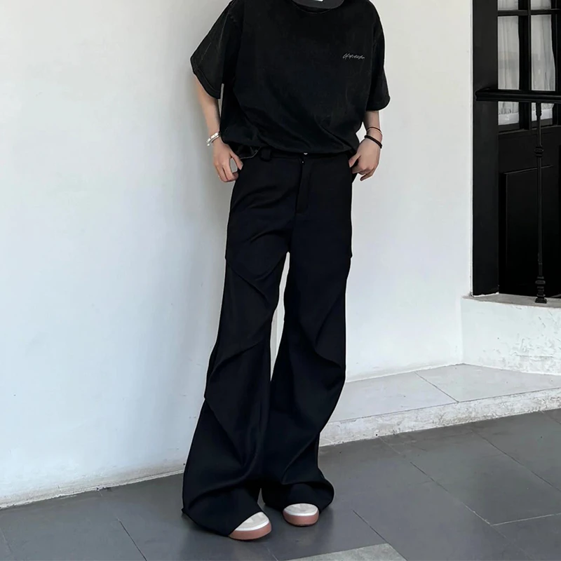 美式高级感小众褶皱黑色西裤男微喇叭阔腿情侣拖地cleanfit长裤子