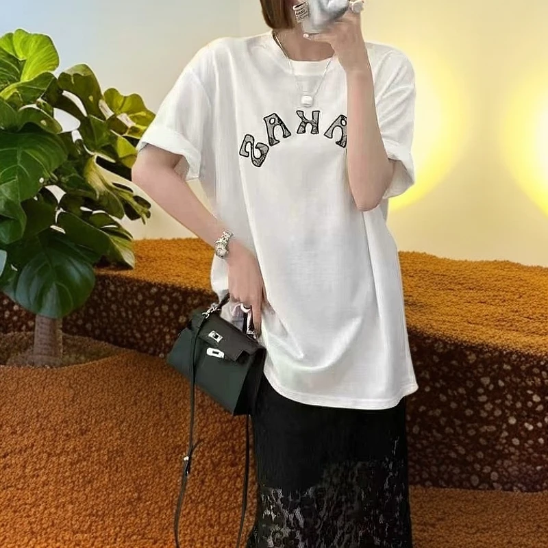 1066夏季新款韩系圆领字母印花大版短袖T恤女