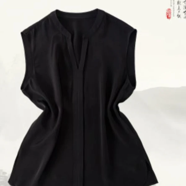 品牌新款桑蚕丝纯色气质宽松V领无袖上衣516143