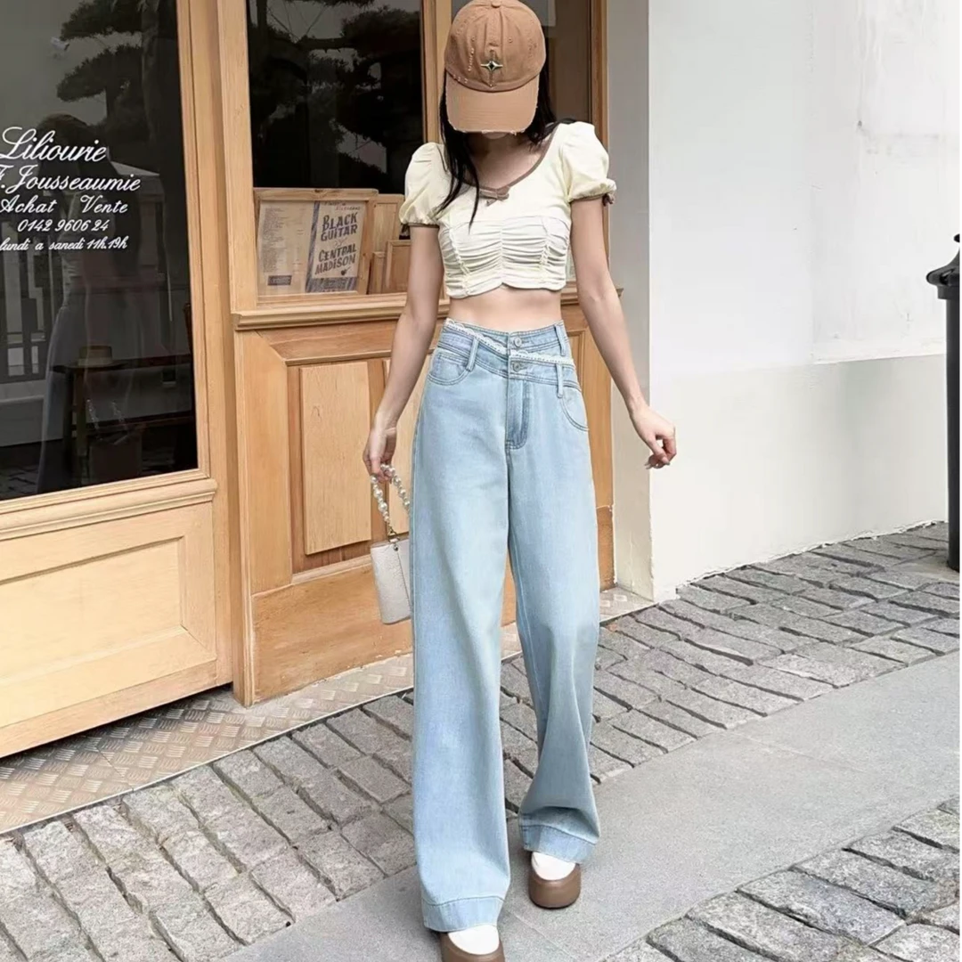 女装牛仔裤高腰设计感直筒长裤遮肉复古显瘦阔腿裤女薄款百搭