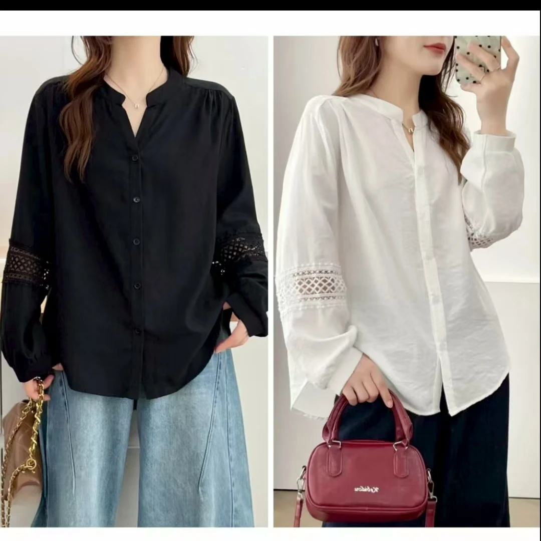 镂空拼接衬衫大码女2025早秋新款宽松显瘦时尚洋气长袖衬衣上衣