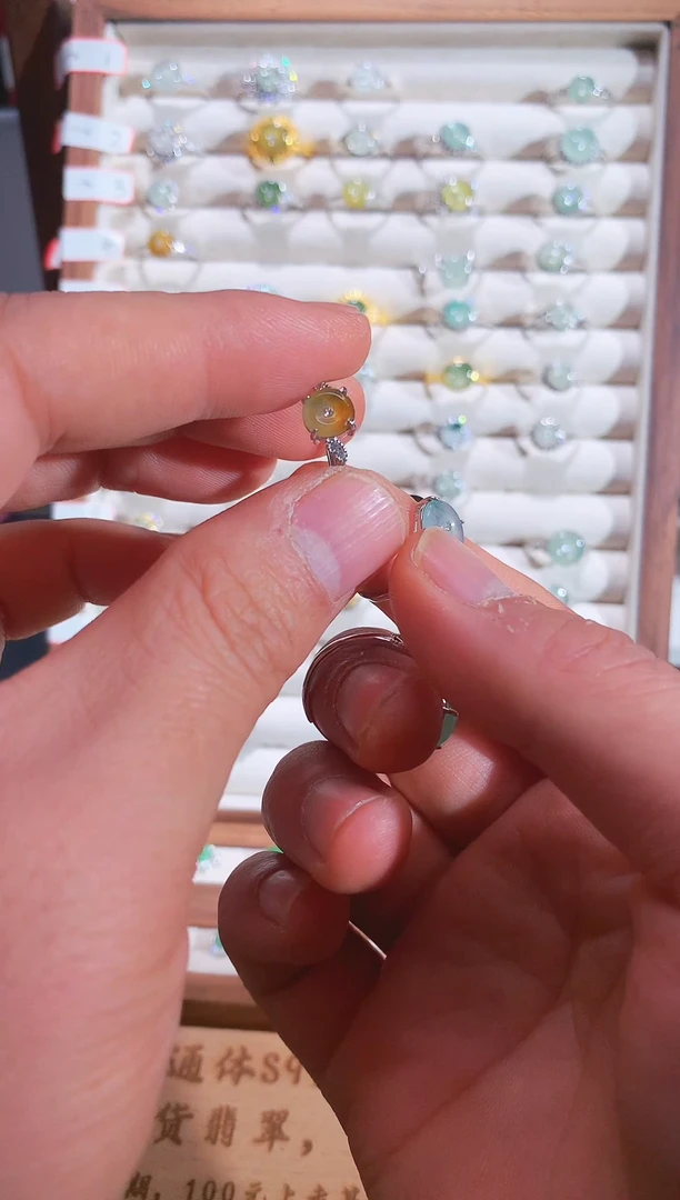 银S925镶嵌戒指翡翠S925银镶翡翠平安扣女饰品