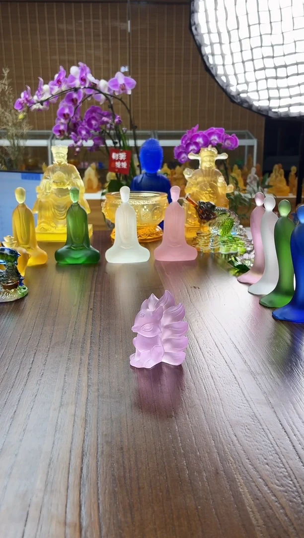 手工艺品琉璃九尾狐粉色茶宠小摆件