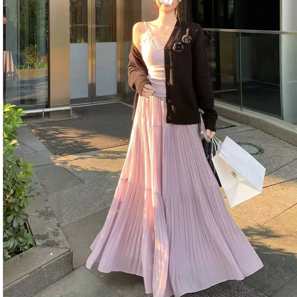 雨雾紫藤春夏百褶半身长裙高腰显瘦A字大摆蛋糕裙9188A