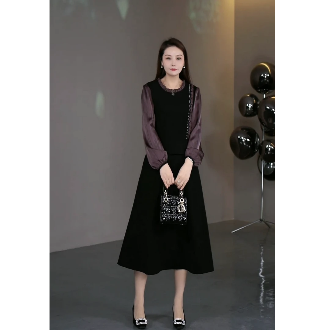 木棉林定制轻奢女装2025春季高级感假两件拼接连衣裙ZB6676