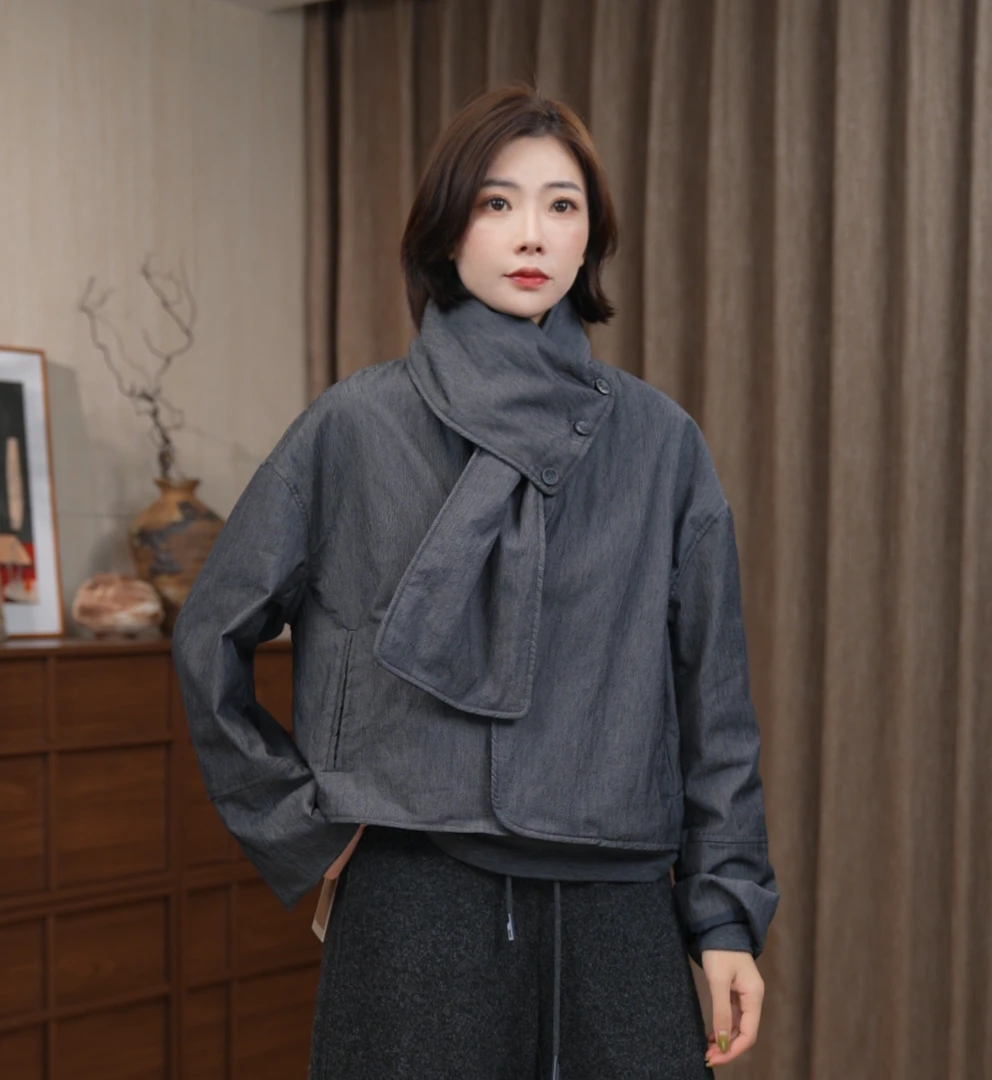 短款围巾可拆卸绵外套小众设计师新款上衣女