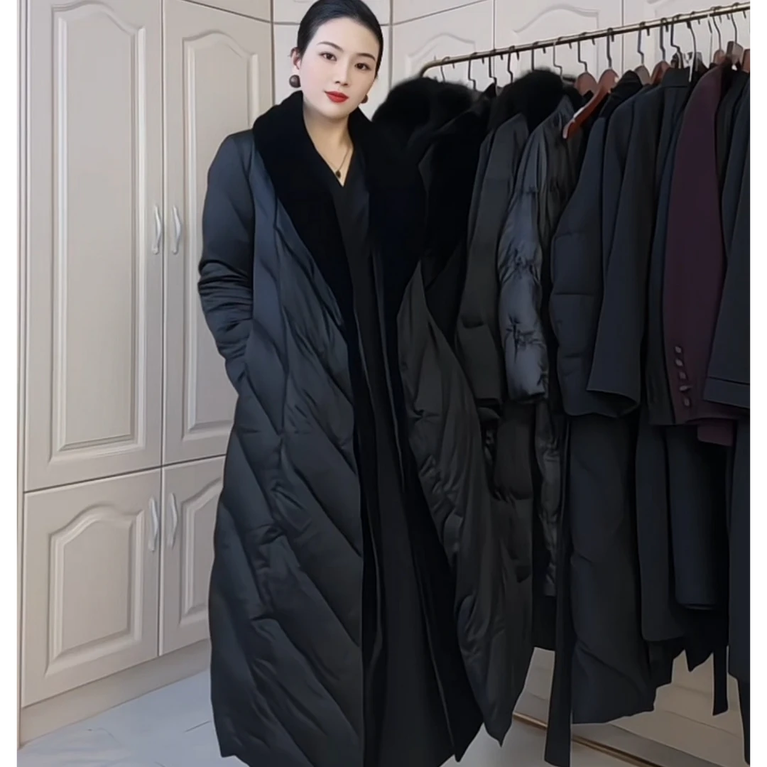 【韩姐】冬季新款白鹅绒真丝丝绒领口气质中长款系带鹅绒服434款