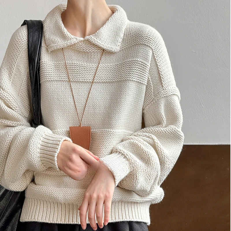 韩系娃娃领秋冬季粗针设计感套头毛衣女宽松软糯百搭减龄针织上衣