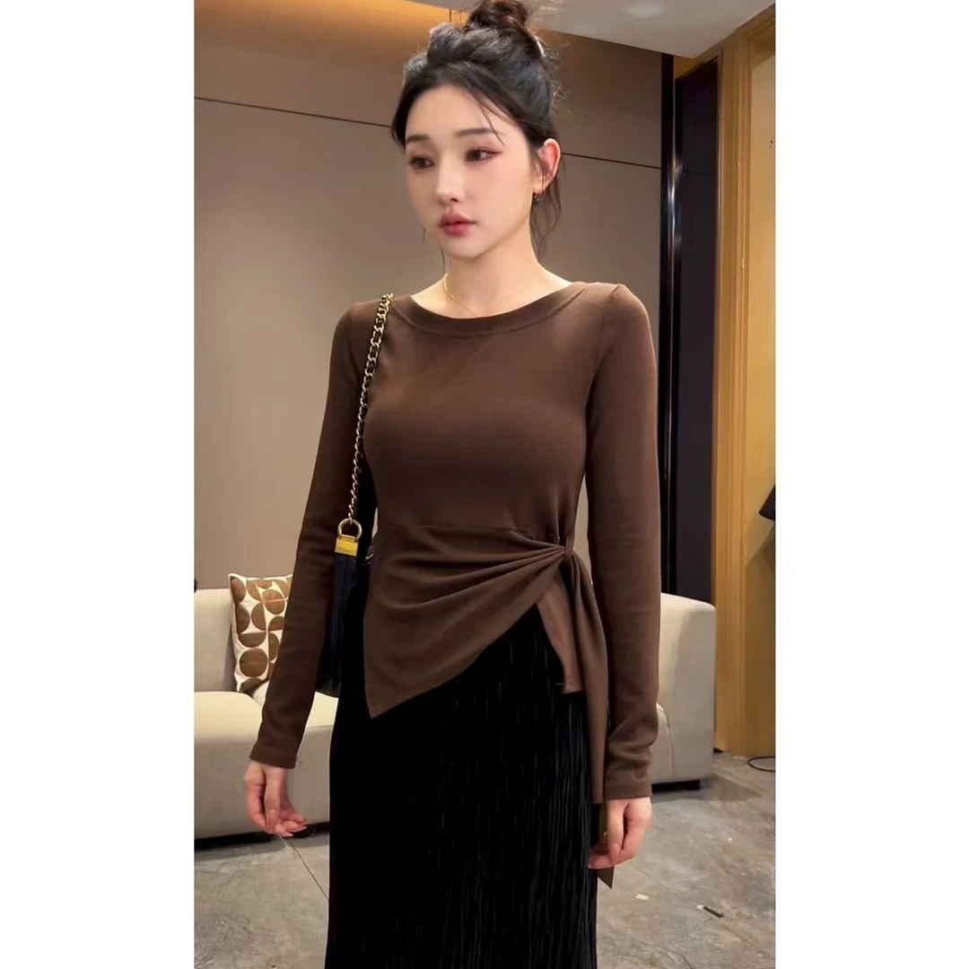 爆款早秋新款韩系下摆不规则开叉收腰设计感显瘦百搭斜肩长袖T恤