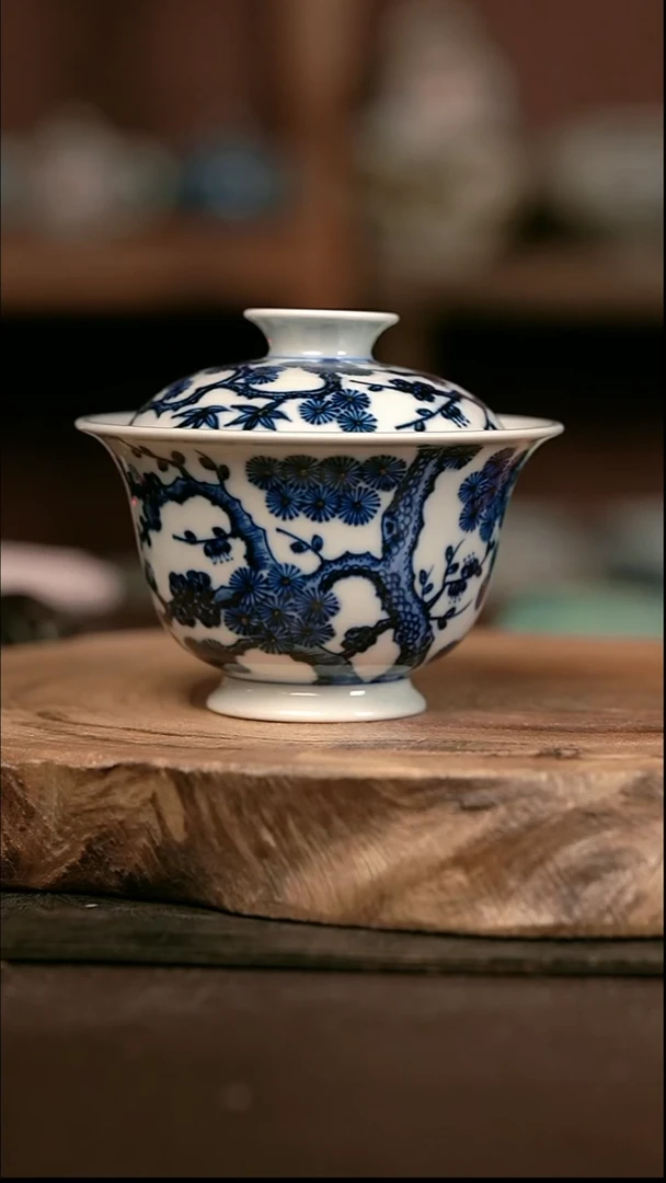 手绘 高温现代瓷  气窑  松竹梅高足130C