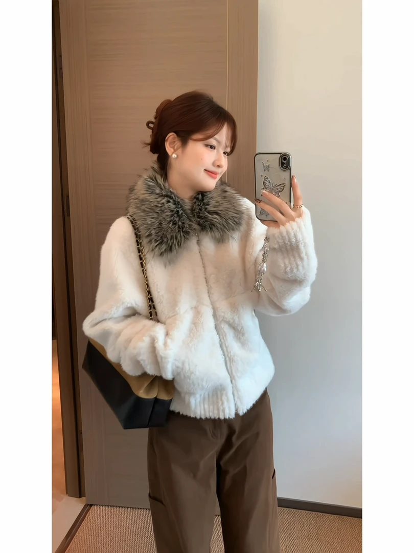 【肉肉】环保皮草羊羔毛短外套女休闲颗粒感晕染毛领上衣内里麂皮绒