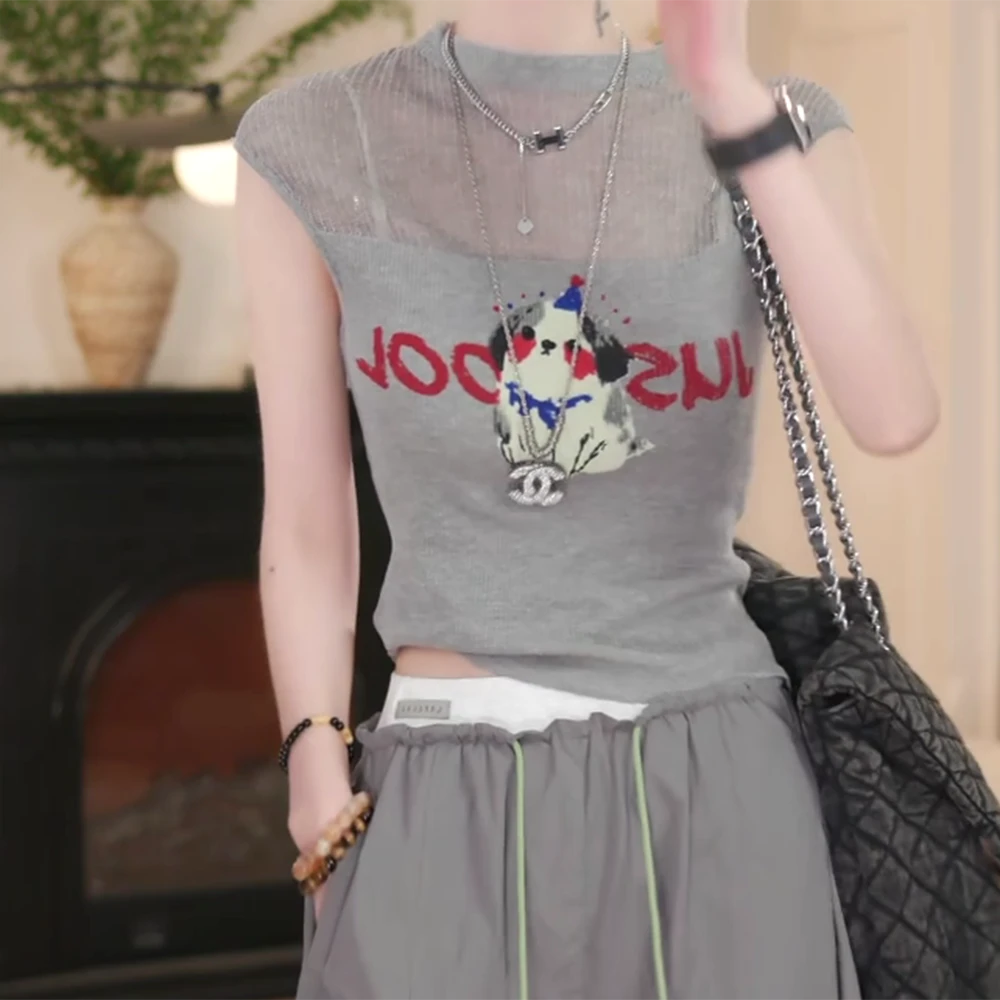 镂空无袖针织衫显瘦修身百搭简约t