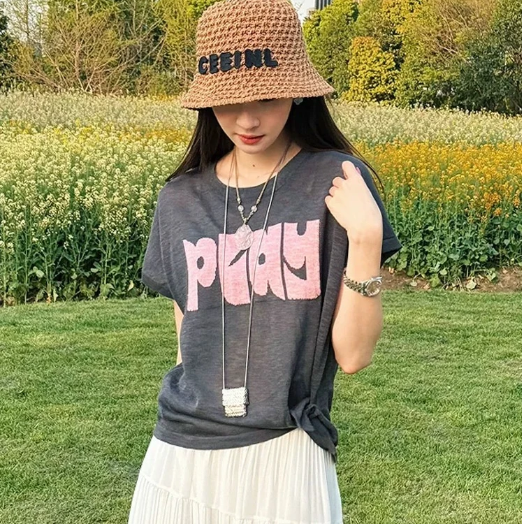 侧边扣设计感针织上衣女夏季韩版小众小个子宽松字母印花T恤