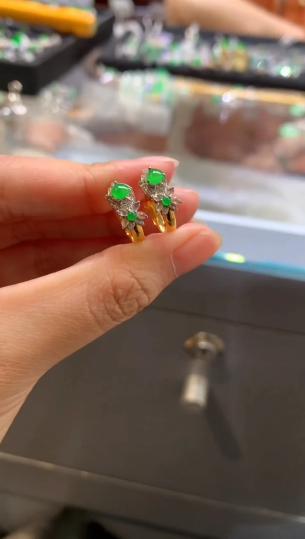 翡翠18K金镶嵌耳饰Z27|5980