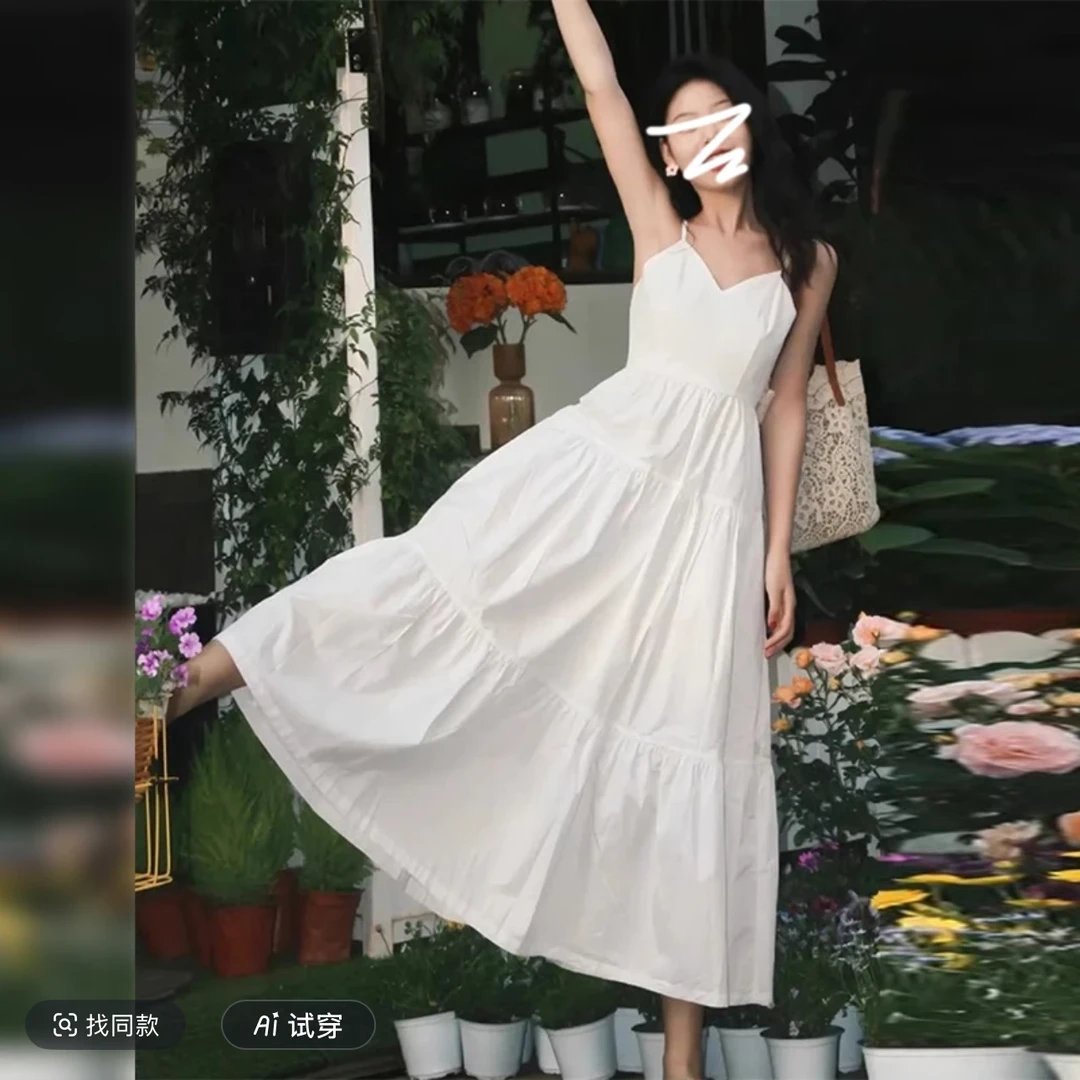 高个子175法式V领长裙吊带连衣裙设计感2025夏季白色甜美收腰显瘦